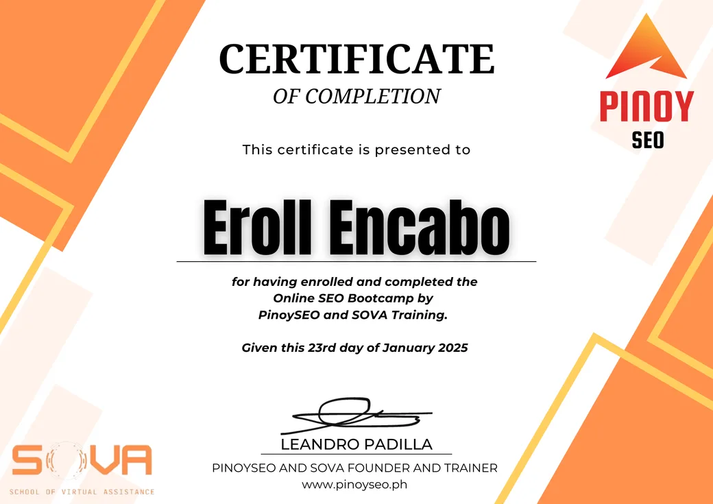 Certificate of completion for Online SEO Bootcamp, PinoySEO and SOVA Training, January 2025