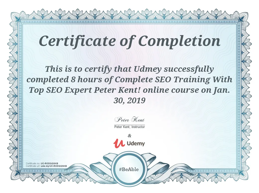 Certificate of completion for Complete SEO Training With Top SEO Expert Peter Kent, Peter Kent, Udemy, January 2019
