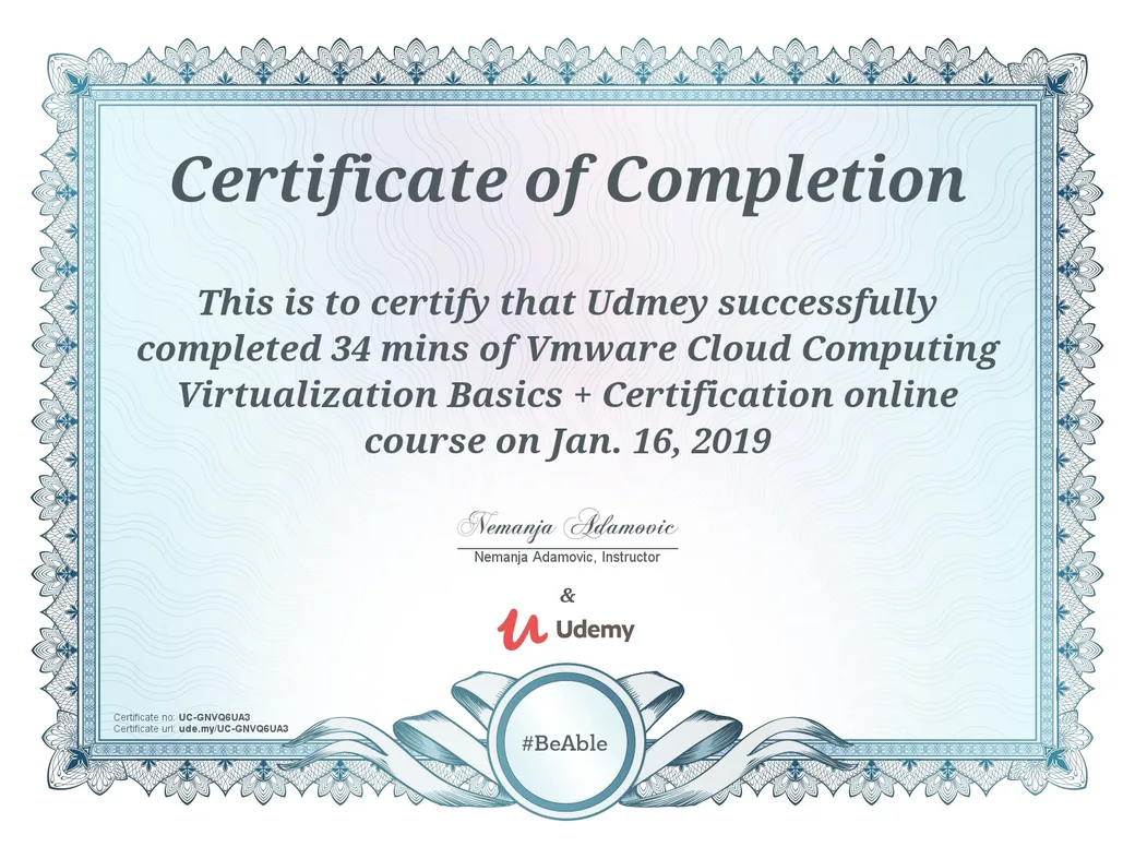 Certificate of completion for VMware Cloud Computing Virtualization Basics, Nemanja Adamovic, Udemy, January 2019